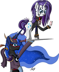 Size: 1504x1806 | Tagged: safe, artist:zsparkonequus, imported from derpibooru, princess luna, rarity, card, clothes, crossover, final fantasy vi, grin, setzer gabbiani, shadow, simple background, sword, weapon