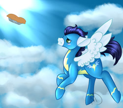 Size: 900x783 | Tagged: safe, artist:mdragonflame, imported from derpibooru, soarin', flying, male, pie, solo, that pony sure does love pies, wonderbolts uniform