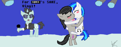 Size: 1349x525 | Tagged: safe, artist:fifthcru5ader, imported from derpibooru, dj pon-3, neon lights, octavia melody, rising star, vinyl scratch, female, kissing, lesbian, microphone, my summer of love, scratchtavia, shipping