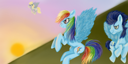 Size: 1360x686 | Tagged: safe, artist:samahami, imported from derpibooru, derpy hooves, rainbow dash, soarin', pegasus, pony, female, mare