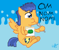 Size: 628x525 | Tagged: source needed, safe, artist:fifthcru5ader, imported from derpibooru, flash sentry, backwards cutie mark, ice cream, male, nom, sitting, solo