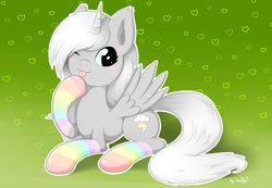 Size: 1920x1329 | Tagged: safe, artist:dsp2003, imported from derpibooru, oc, oc only, oc:rainbow storm, alicorn, pony, alicorn oc, clothes, cute, female, heart, licking, rainbow socks, simple background, socks, solo, striped socks