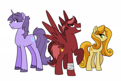 Size: 3000x2000 | Tagged: safe, artist:kianamai, imported from derpibooru, oc, oc only, oc:amber lily, oc:hot head, oc:lucky star, earth pony, pegasus, pony, unicorn, kilalaverse, male, next generation, offspring, parent:oc:candle wick, parent:oc:day dream, parent:oc:flashpoint, parent:oc:fortune hunter, parent:oc:herb, parent:oc:isis quartz, parents:oc x oc, raised hoof, simple background, smiling, spread wings, stallion, unshorn fetlocks, white background, wings