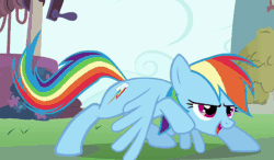 Size: 932x543 | Tagged: safe, imported from derpibooru, screencap, rainbow dash, call of the cutie, animated, extreme speed animation, female, flapping, glare, grin, horses doing horse things, pawing the ground, seizure warning, smiling, solo, tail flick