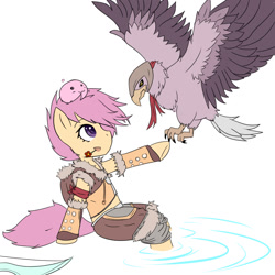 Size: 1024x1024 | Tagged: safe, artist:sagasshi, imported from derpibooru, scootaloo, falcon, semi-anthro, clothes, crossover, duo, female, poring, ragnarok online, sniper, solo