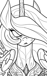 Size: 500x800 | Tagged: dead source, safe, artist:reiduran, imported from derpibooru, princess celestia, angry, asura's wrath, badass, cosplay, female, lineart, monochrome, solo