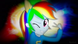 Size: 1920x1080 | Tagged: safe, artist:nyanferb, imported from derpibooru, rainbow dash, equestria girls, female, humanized, neon background, peace sign, solo, wallpaper, wink, wondercolts