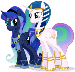 Size: 2974x2846 | Tagged: safe, artist:emkay-mlp, idw, imported from derpibooru, princess celestia, princess luna, alicorn, pony, reflections, spoiler:comic, alternate hairstyle, artemis luna, clothes, duo, egyptian, egyptian headdress, egyptian mythology, egyptian pony, eye contact, female, greek, greek clothes, greek mythology, idw showified, mare, mirror universe, ra celestia, simple background, smiling, transparent background, vector