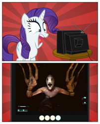 Size: 485x600 | Tagged: safe, imported from derpibooru, rarity, disturbing, exploitable meme, f.e.a.r., meme, obligatory pony, scarecrow (monster), tv meme