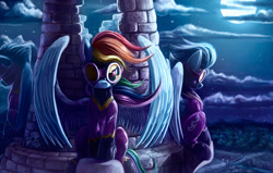 Size: 900x571 | Tagged: safe, artist:tsitra360, imported from derpibooru, nightshade, rainbow dash, pegasus, pony, bad end, clothes, costume, duo, female, goggles, mare, night, shadowbolt dash, shadowbolts, shadowbolts costume, sitting, spread wings