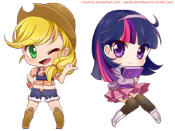 Size: 600x450 | Tagged: safe, artist:moorina, imported from derpibooru, applejack, twilight sparkle, human, apple, belly button, book, chibi, clothes, hat, headband, humanized, midriff, open fly, short shirt, skirt, wink