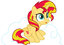 Size: 4321x3000 | Tagged: safe, artist:theshadowstone, imported from derpibooru, sunset shimmer, alicorn, pony, alicornified, cloud, cutie mark, female, hooves, horn, mare, on a cloud, open mouth, race swap, shimmercorn, simple background, sitting on a cloud, sitting on cloud, solo, transparent background, vector, wings