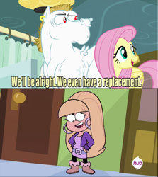 Size: 640x717 | Tagged: safe, edit, edited screencap, imported from derpibooru, screencap, bulk biceps, fluttershy, rainbow falls, double dipper, exploitable meme, gravity falls, hub logo, meme, pacifica northwest, replacement meme