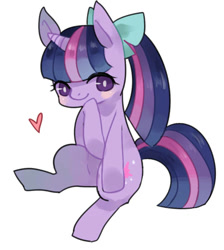 Size: 600x671 | Tagged: safe, artist:kura, artist:puzi, imported from derpibooru, twilight sparkle, pony, unicorn, bow, female, heart, mare, pixiv, ponytail, solo