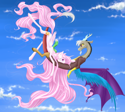 Size: 2458x2200 | Tagged: safe, artist:holka13, imported from derpibooru, discord, princess celestia, dislestia, female, flying, male, pink-mane celestia, shipping, straight, younger