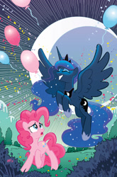 Size: 755x1147 | Tagged: safe, artist:tonyfleecs, idw, imported from derpibooru, pinkie pie, princess luna, balloon, cover, cover art, idw advertisement