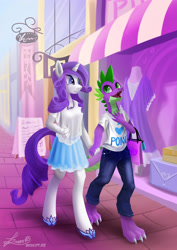 Size: 2480x3508 | Tagged: safe, artist:seer45, imported from derpibooru, rarity, spike, anthro, bags, date, female, male, older, shipping, sparity, straight, teenage spike