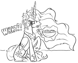 Size: 599x487 | Tagged: safe, artist:mysticolt, imported from derpibooru, princess celestia, bed mane, cereal, eating, female, lineart, majestic as fuck, monochrome, morning ponies, solo