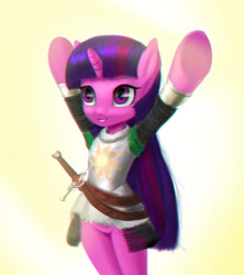 Size: 888x1000 | Tagged: safe, artist:dclzexon, imported from derpibooru, twilight sparkle, pony, semi-anthro, adorkable, armor, bipedal, bottomless, chainmail, chromatic aberration, clothes, cute, dark souls, dork, female, praise the sun, solaire of astora, solo, sword