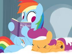 Size: 1280x960 | Tagged: safe, artist:dtcx97, imported from derpibooru, rainbow dash, scootaloo, bandage, book, cute, cutie mark, eyes closed, hoof hold, older, post-crusade, prone, rainbow dash's house, reading, scootalove, sisters, sleeping, tumblr