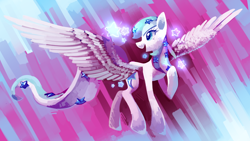 Size: 992x561 | Tagged: safe, artist:sylvaur, imported from derpibooru, oc, oc only, oc:starline, pegasus, pony, female, large wings, looking back, mare, open mouth, raised hoof, solo, spread wings, wings