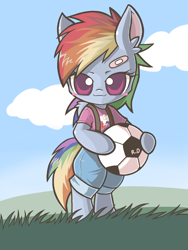 Size: 1200x1600 | Tagged: safe, artist:anchor, imported from derpibooru, rainbow dash, pegasus, pony, semi-anthro, bandage, bipedal, clothes, cute, equestria girls outfit, female, filly, filly rainbow dash, football, grass, grass field, looking at you, mare, pixiv, solo, younger