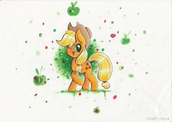 Size: 3507x2480 | Tagged: safe, artist:pumpkinkikile, imported from derpibooru, applejack, apple, female, open mouth, smiling, solo, traditional art, wink