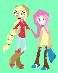 Size: 640x806 | Tagged: safe, artist:invaderzina, artist:miss-zi-zi, imported from derpibooru, applejack, fluttershy, human, breasts, clothes, delicious flat chest, flattershy, humanized, skinny, sweater, sweatershy