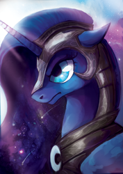 Size: 1024x1448 | Tagged: safe, artist:tracymod, imported from derpibooru, princess luna, armor, female, frown, helmet, portrait, solo, space