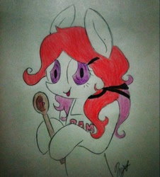 Size: 867x960 | Tagged: safe, artist:miss-racco0n, imported from derpibooru, oc, oc only, earth pony, pony, apron, clothes, fondue drizzle, hairband, solo, spoon, traditional art