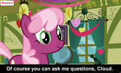 Size: 1600x973 | Tagged: safe, imported from derpibooru, cheerilee, earth pony, pony, comic:celestia's servant interview, caption, cs captions, female, interview, mare, solo