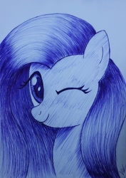 Size: 679x960 | Tagged: safe, artist:varijani, imported from derpibooru, fluttershy, female, monochrome, solo, traditional art, wink