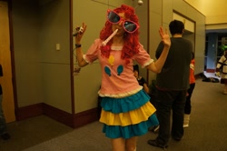 Size: 500x332 | Tagged: safe, artist:yunsildin, imported from derpibooru, human, 2011, clothes, convention, cosplay, irl, irl human, izumicon, party horn, photo, skirt, solo, sunglasses