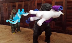 Size: 1024x611 | Tagged: safe, artist:onlyfactory, imported from derpibooru, rarity, trixie, kaiju, bootleg, crossover, godzilla, godzilla (series), godzilla 2014, irl, jakks pacific, photo, plushie, shogun warriors