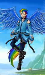 Size: 768x1280 | Tagged: safe, artist:dersedragon, imported from derpibooru, rainbow dash, human, elf ears, humanized, rainbow blitz, rule 63, solo, tailed humanization, winged humanization