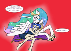 Size: 700x500 | Tagged: safe, artist:tigerdehavilland, imported from derpibooru, princess celestia, princess luna, human, barefoot, clothes, cuddling, dress, eyes closed, feet, hug, humanized, prone, skinny, smiling, snuggling, winghug