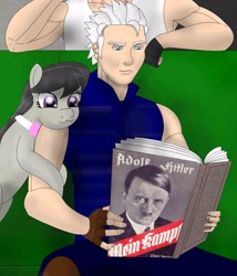 Size: 2217x2594 | Tagged: safe, imported from derpibooru, octavia melody, :3, adolf hitler, blackletter, book, clothes, devil may cry, exploitable meme, fingerless gloves, gloves, mein kampf, meme, reading, sleeveless, tanktop, vergil, vergil's book