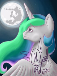 Size: 1200x1600 | Tagged: safe, artist:mixed42media, imported from derpibooru, princess celestia, female, mare in the moon, moon, night, sad, signature, solo, stars