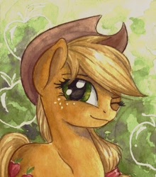 Size: 1024x1163 | Tagged: safe, artist:the-wizard-of-art, imported from derpibooru, part of a set, applejack, female, solo, traditional art, watercolor painting, wink