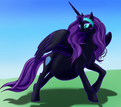 Size: 2500x2217 | Tagged: safe, artist:leovictor, artist:vasillium, imported from derpibooru, oc, oc only, oc:nyx, alicorn, pony, :o, alicorn oc, belly, colored, day, looking back, messy mane, older, older nyx, open mouth, pregnant, raised hoof, shadow, solo, spread wings