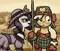 Size: 1000x850 | Tagged: artist needed, source needed, safe, imported from derpibooru, applejack, rarity, blushing, clothes, dress, female, hat, lesbian, rarijack, samurai, samurai applejack, shipping, sweat, weapon