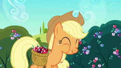 Size: 1280x720 | Tagged: safe, imported from derpibooru, screencap, applejack, the crystal empire, cheeks, crystal berries, eating, eyes closed, scrunchy face