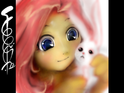 Size: 400x300 | Tagged: safe, artist:foog, imported from derpibooru, angel bunny, fluttershy, anthro, ambiguous facial structure, female, pixiv, solo