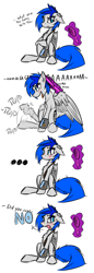 Size: 711x2057 | Tagged: safe, artist:ralek, artist:varulv, imported from derpibooru, oc, oc only, oc:sapphire sights, pegasus, pony, fallout equestria, blushing, brush, brushie, comic, cute, dialogue, embarrassed, female, kicking, mare, pipbuck, solo, tsundere