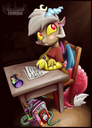 Size: 869x1209 | Tagged: safe, artist:az-pekt, imported from derpibooru, discord, snake, adoreris, chair, cute, desk, eris, raycord legends, rule 63, rule63betes, sitting, solo, writing