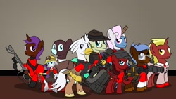 Size: 3200x1800 | Tagged: safe, artist:xain-russell, imported from derpibooru, oc, oc only, oc:any pony, oc:dr. wolf, oc:eliyora, oc:firebrand, oc:gibbontake, oc:ink rose, oc:phantom horn, oc:silver quill, oc:voice of reason, anthro, classical hippogriff, hippogriff, analysis anarchy, demoman, engineer, heavy weapons guy, josh scorcher, male, medic, pyro, scout, sniper, soldier, spy, team fortress 2