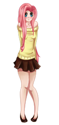 Size: 800x1674 | Tagged: safe, artist:jesuka, imported from derpibooru, fluttershy, human, blushing, clothes, female, humanized, skinny, skirt, solo, sweater, sweatershy