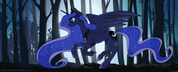 Size: 1050x429 | Tagged: safe, artist:spainfischer, imported from derpibooru, princess luna, female, forest, night, running, solo