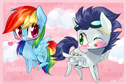 Size: 1024x682 | Tagged: safe, artist:zorbitas, imported from derpibooru, rainbow dash, soarin', blushing, cute, female, flying, heart, male, shipping, smiling, soarindash, straight, tongue out