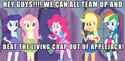 Size: 610x297 | Tagged: safe, edit, edited screencap, imported from derpibooru, screencap, applejack, fluttershy, pinkie pie, rainbow dash, rarity, equestria girls, abuse, jackabuse, meme, oh crap, op is a duck, pinkie has a crazy idea, this will end in tears, this will not end well